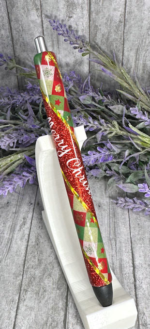 Handmade Merry Christmas Plaid  glitter pen with free refill