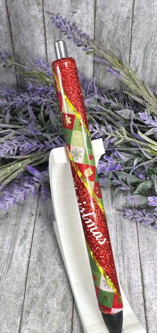 Handmade Merry Christmas Plaid  glitter pen with free refill