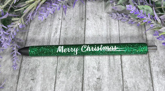 Handmade Merry Christmas Stripes on green glitter pen with free refill