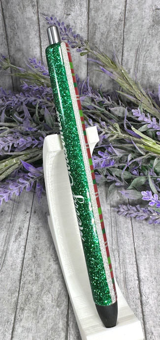 Handmade Merry Christmas Stripes on green glitter pen with free refill