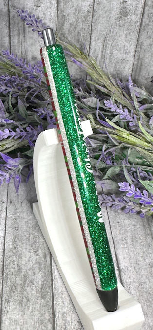 Handmade Merry Christmas Stripes on green glitter pen with free refill