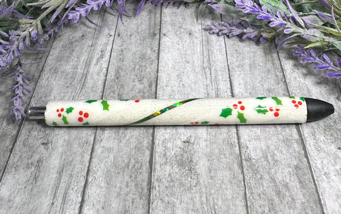 Handmade winter holly glitter pen with free refill