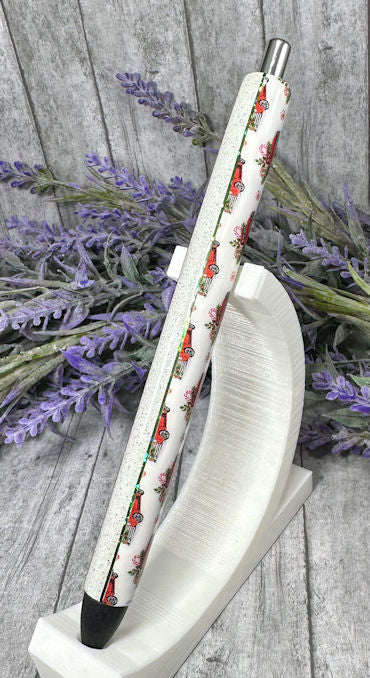 Handmade Christmas Vintage Red Trucks glitter pen with free refill