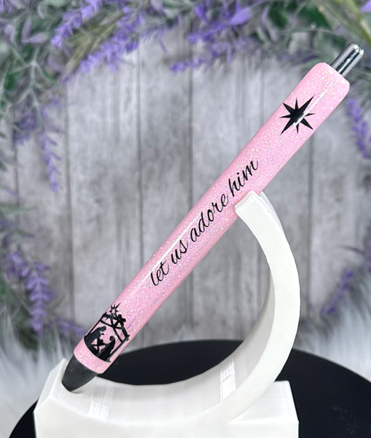 Handmade Manger Christmas on pink glitter pen with free refill