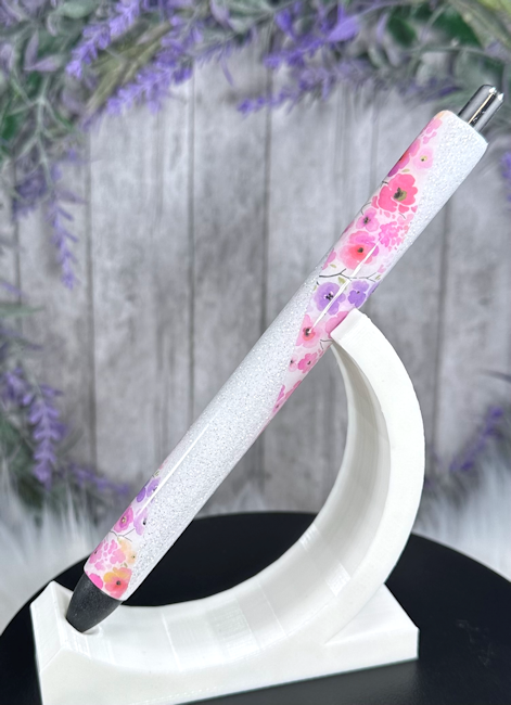 Handmade Pink and Lavender Flowers  glitter pen with free refill