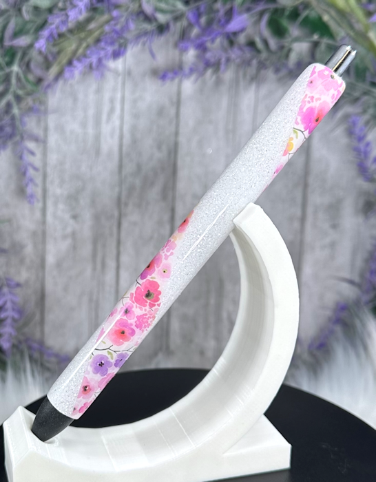 Handmade Pink and Lavender Flowers  glitter pen with free refill