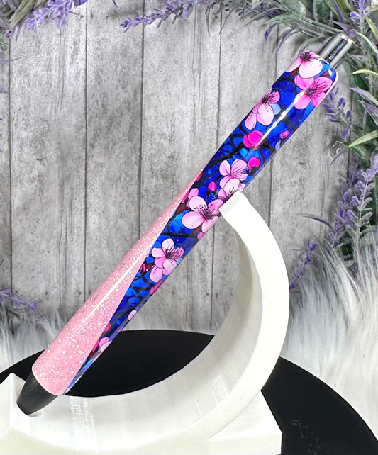 Handmade Cotton Blossoms on pink glitter pen with free refill