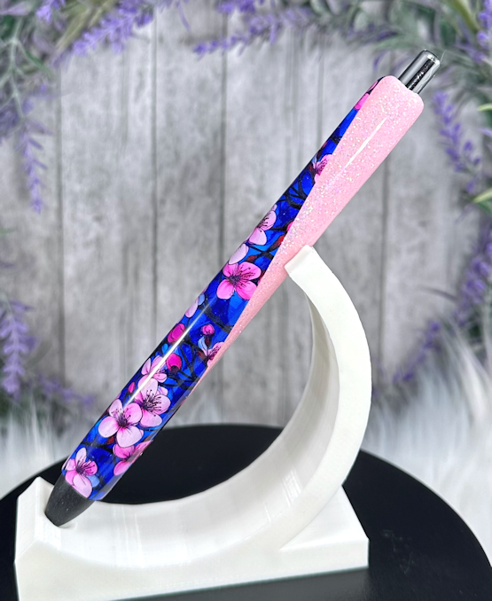 Handmade Cotton Blossoms on pink glitter pen with free refill