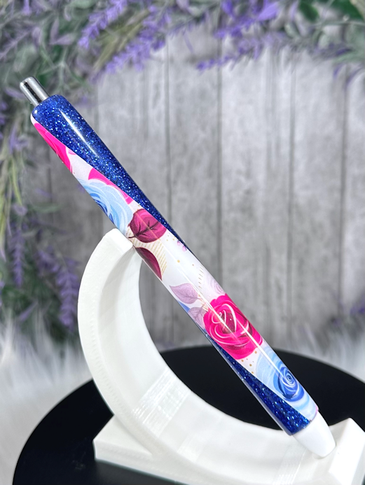 Handmade Pink and Blue Roses on blue  glitter pen with free refill