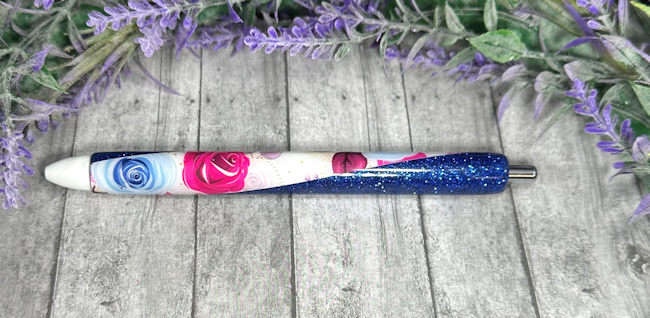 Handmade Pink and Blue Roses on blue  glitter pen with free refill