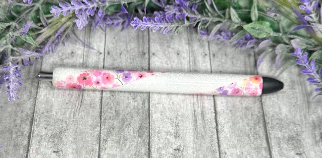 Handmade Pink and Lavender Flowers  glitter pen with free refill