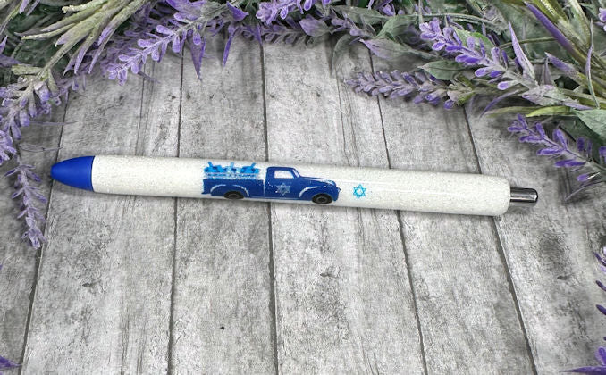 Handmade Hanukkah Blue Truck glitter pen with free refill