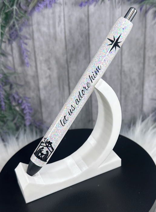 Handmade Manger Christmas on Holographic White glitter pen with free refill