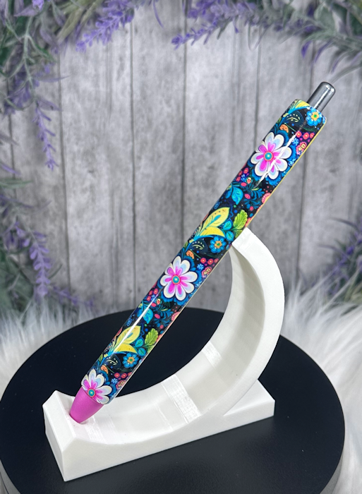Handmade Bright Flowers on yellow glitter pen with free refill