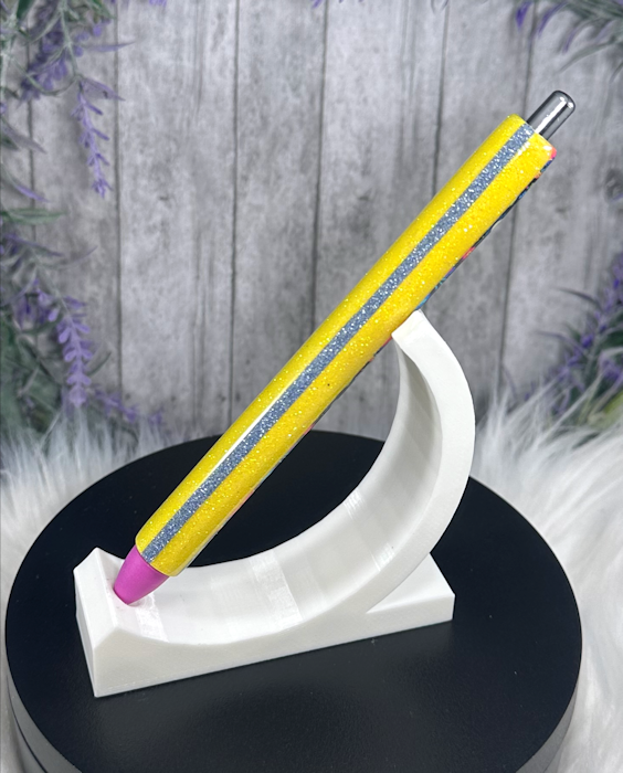 Handmade Bright Flowers on yellow glitter pen with free refill
