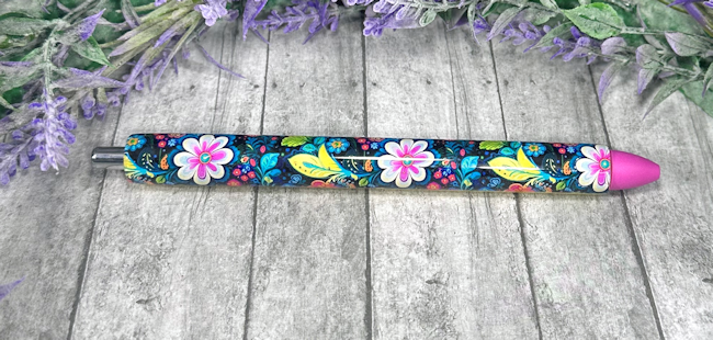Handmade Bright Flowers on yellow glitter pen with free refill