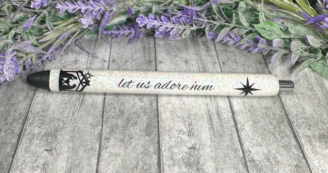 Handmade Manger Christmas on Holographic White glitter pen with free refill