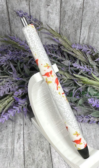 Handmade Winter Cardinals glitter pen with free refill