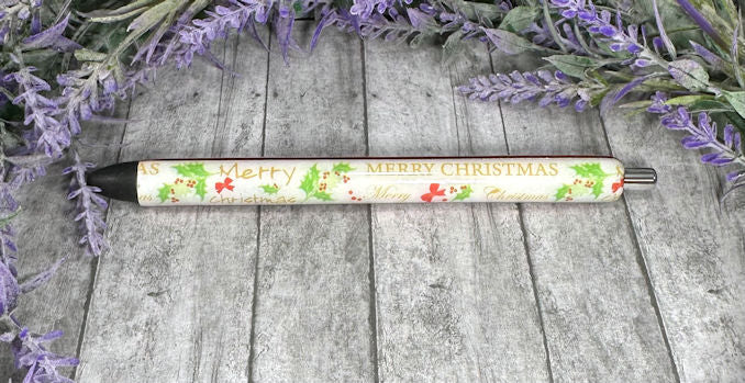 Handmade Merry Christmas Holly glitter pen with free refill