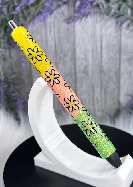 Handmade Daisies on Rainbow glitter pen with free refill