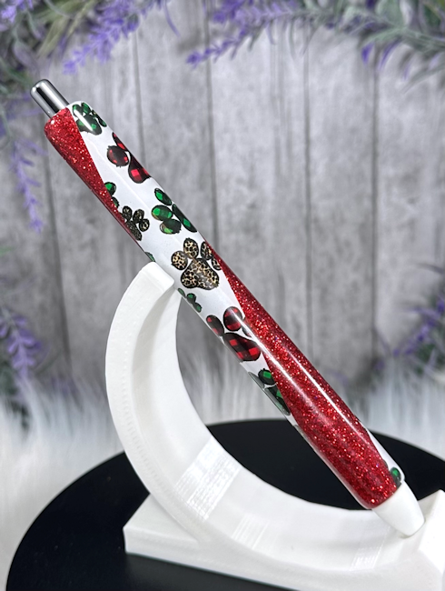 Handmade Christmas Dog Paws on red glitter pen with free refill