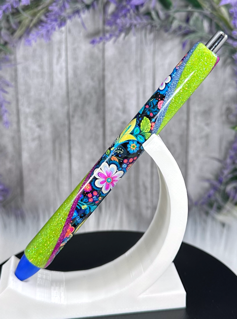 Handmade Colorful FLowers on Bright Green glitter pen with free refill