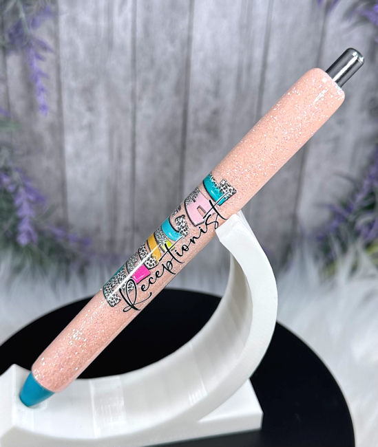 Handmade Medical Receptionist on peach glitter pen with free refill
