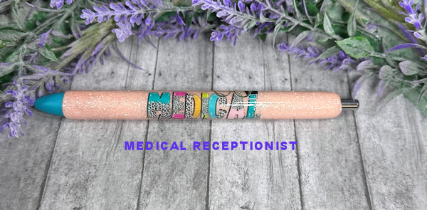 Handmade Medical Receptionist on peach glitter pen with free refill