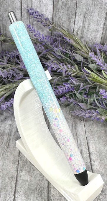 Handmade Ombre Light Blue and Holographic WHite  glitter pen with free refill