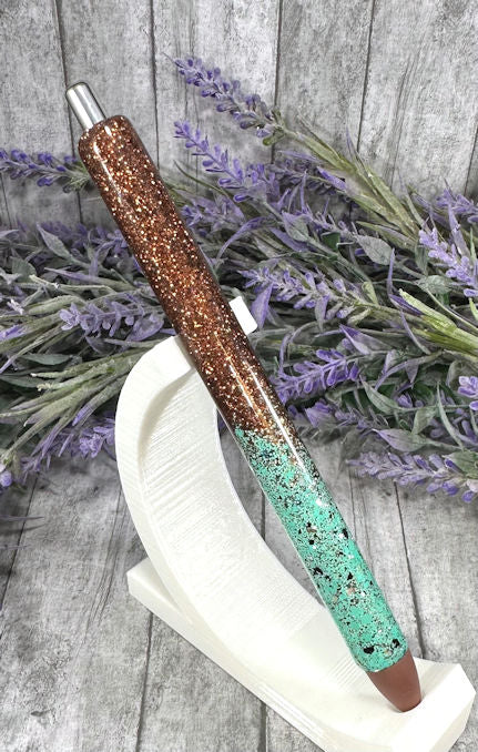 Handmade Ombre Turquoise and Brown glitter pen with free refill