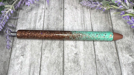 Handmade Ombre Turquoise and Brown glitter pen with free refill