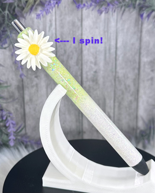 Handmade Spinning White Flower glitter pen with free refill