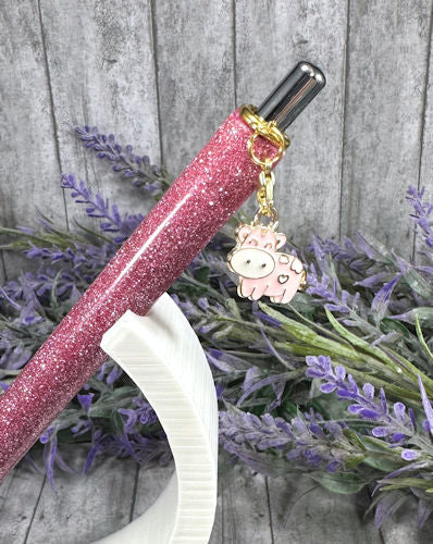 Handmade Pink Cow  dangle charm  glitter pen with free refill