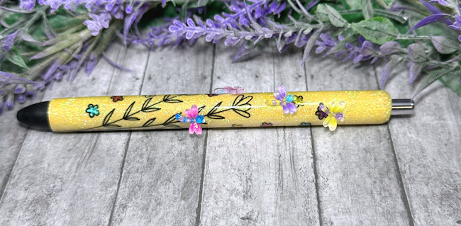 Handmade Miniature Dragonflies on yellow glitter pen with free refill