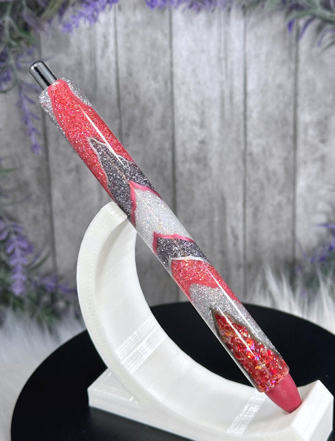 Handmade Red and Silver Geode design glitter pen with free refill