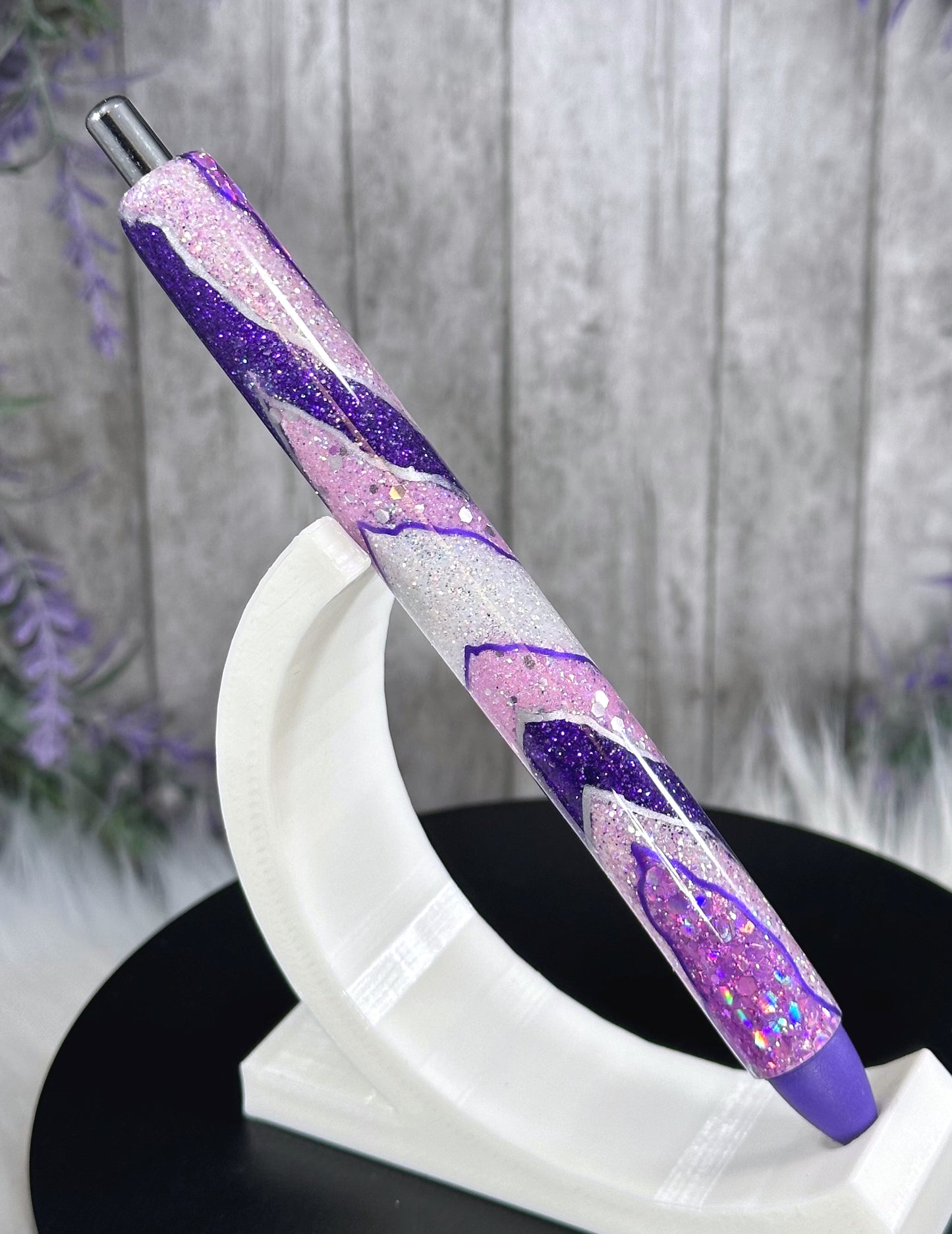 Handmade Purple and Orchid Geode design glitter pen with free refill 2