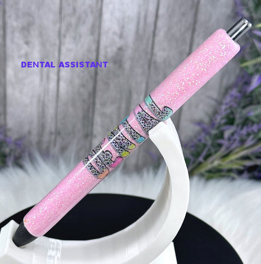 Handmade Dental Assistant on pink glitter pen with free refill