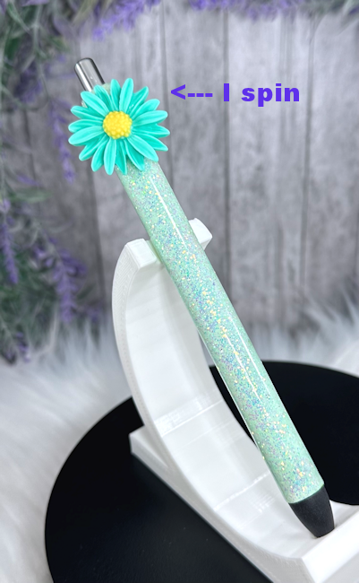 Handmade Spinning Turquoise Flower on pastel glitter pen with free refill