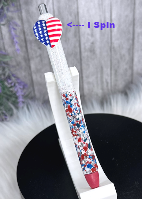 Handmade Spinning Patriotic Heart glitter pen with free refill