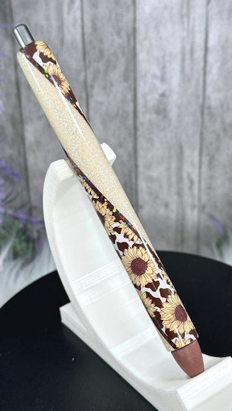 Handmade Sunflowers and Cow Print on tan  glitter pen with free refill