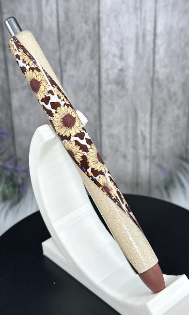 Handmade Sunflowers and Cow Print on tan  glitter pen with free refill