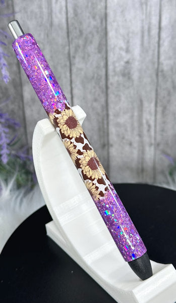 Handmade Sunflowers and Cow Print Ombre Pink glitter pen with free refill