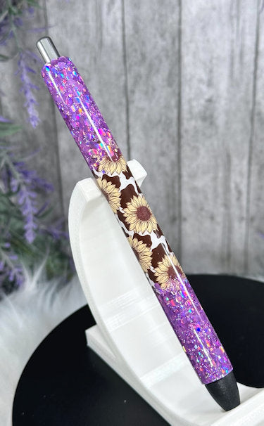 Handmade Sunflowers and Cow Print Ombre Pink glitter pen with free refill