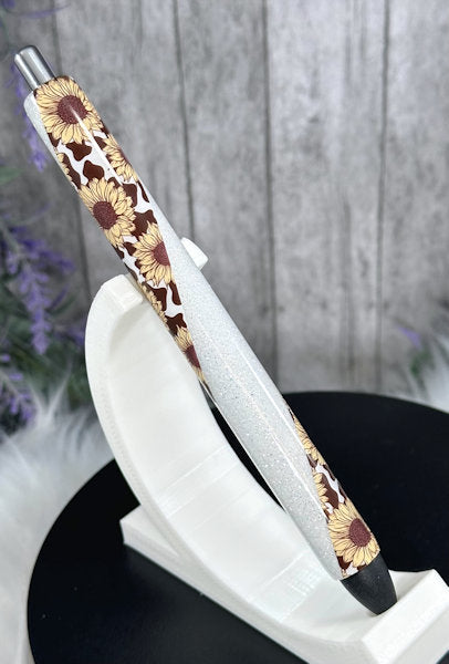 Handmade Sunflowers and Cow Print on white glitter pen with free refill