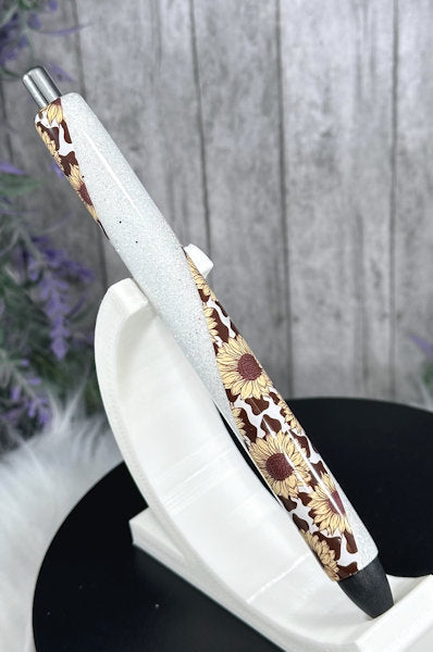 Handmade Sunflowers and Cow Print on white glitter pen with free refill
