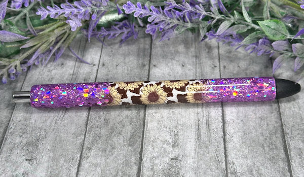 Handmade Sunflowers and Cow Print Ombre Pink glitter pen with free refill