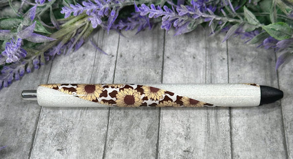 Handmade Sunflowers and Cow Print on white glitter pen with free refill