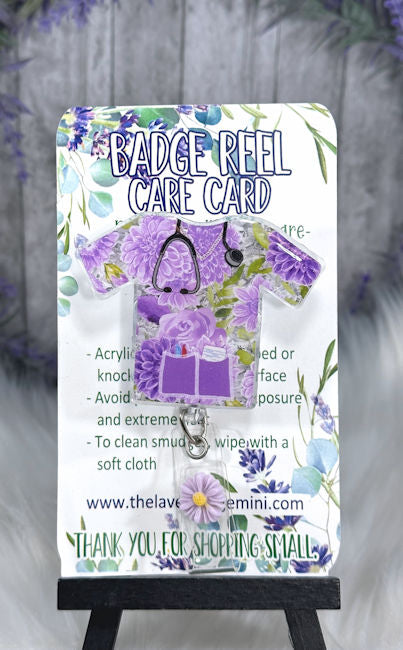 Handmade Purple Flowers Scrub top Badge Reel