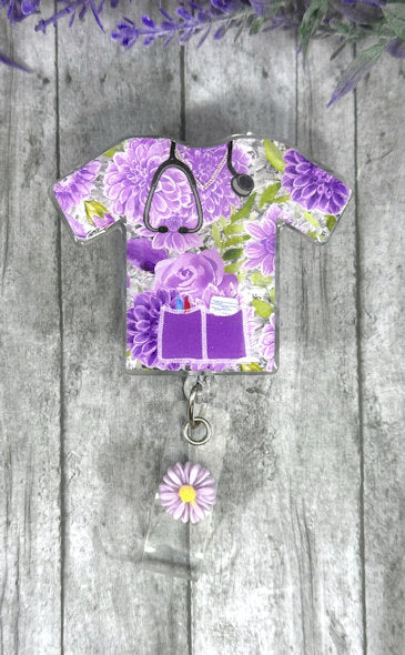 Handmade Purple Flowers Scrub top Badge Reel