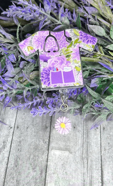 Handmade Purple Flowers Scrub top Badge Reel